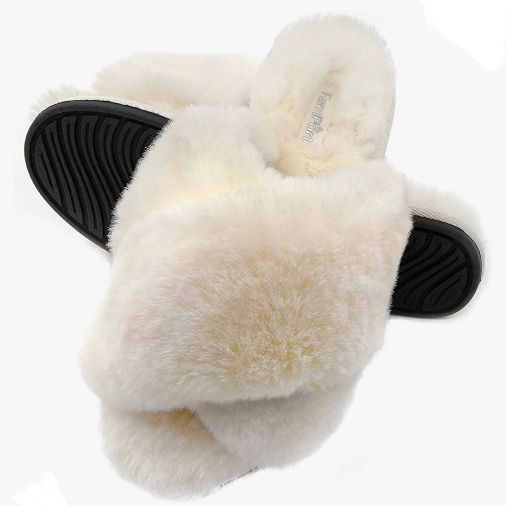 Cross Band Fluffy Slippers—Cream